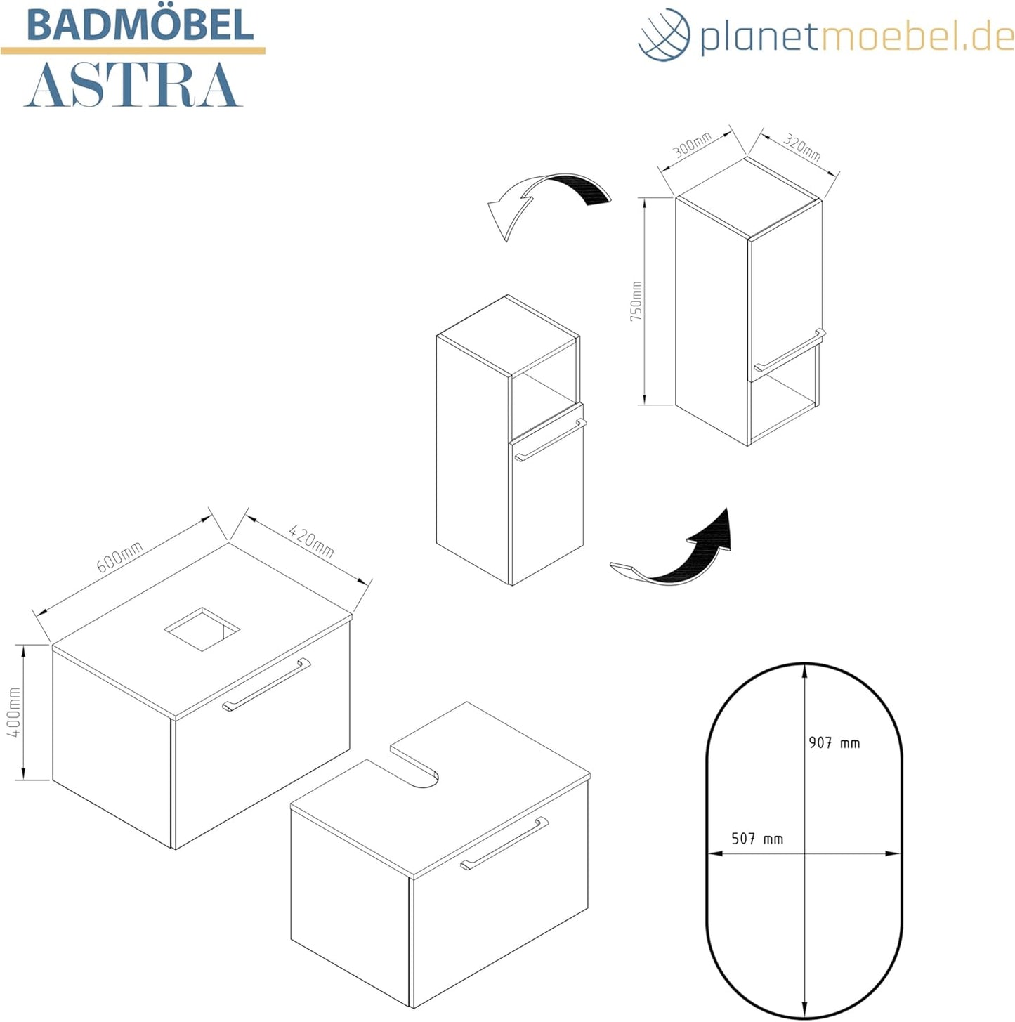 Planetmöbel Astra Bathroom Furniture Set with Wash Basin 60 cm with 1 x Midi Cabinet Gold Oak Anthracite, without Countertop Sink, Mirror (with LED) 50 cm