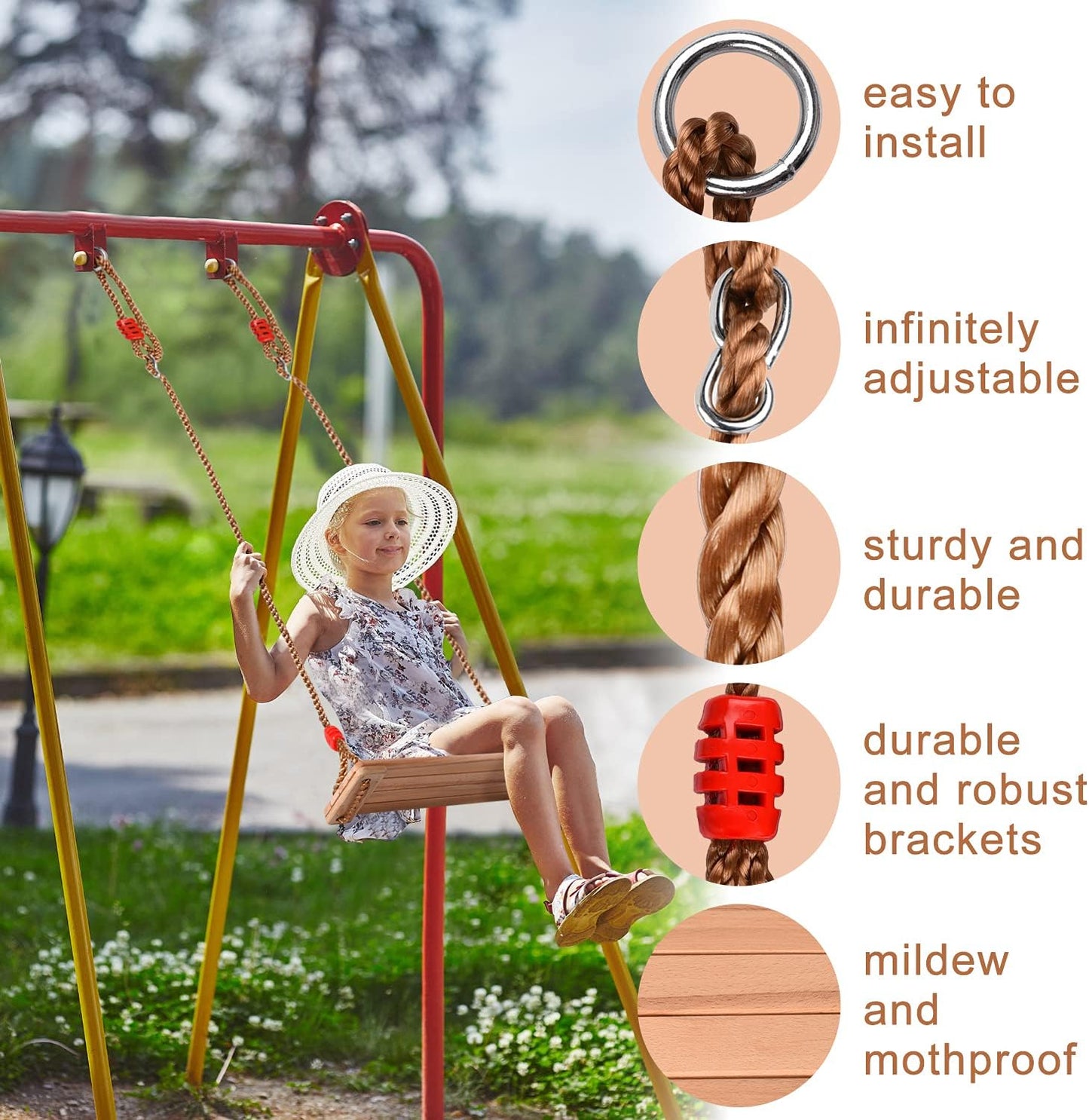 Ulikey Wooden Swing Seat, Children's Swing Can Hold 150 kg, Outdoor Swing for Adults, Garden Swing, Board Swing Made of Wood with Height Adjustable Rope for Outdoor Use