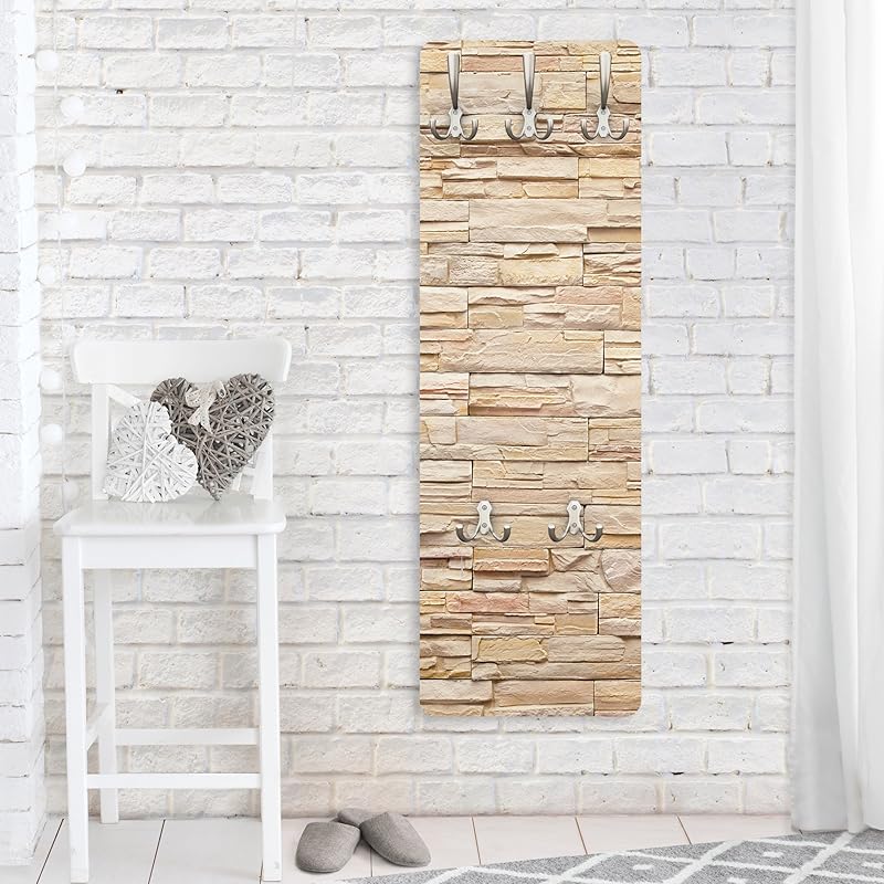 Bilderwelten Stone Wall Coat Rack 105 cm x 34 cm 3D Look Modern Stone Wall Coat Hook Coat Rack Hallway Furniture Wall Coat Rack Wood