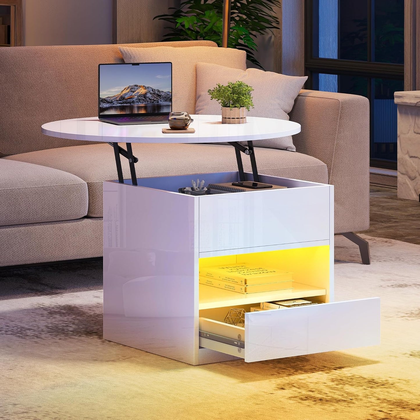 Coffee Table Height Adjustable Coffee Table Round with Lifting Plate, Living Room Table High Gloss with Hidden Storage Compartment and LED Lighting Modern, Side Table Round with 1 Drawer