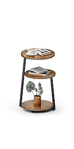 Round Side Table, 3-Tier Shelves, Wooden Side Table with Metal Frame, Small Table, Living Room for Living Room, Bedroom