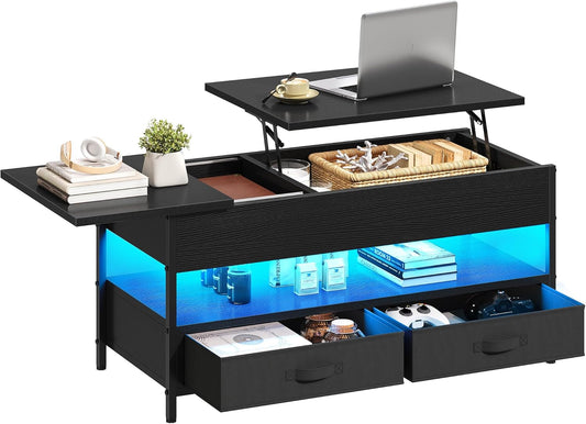 Coffee Table Height Adjustable, Living Room Table with Hidden Storage Compartment for Living Room, Office, Coffee Table with Storage Space and 2 Drawers and LED Light Bar, 106 x 50 x 51.5 cm