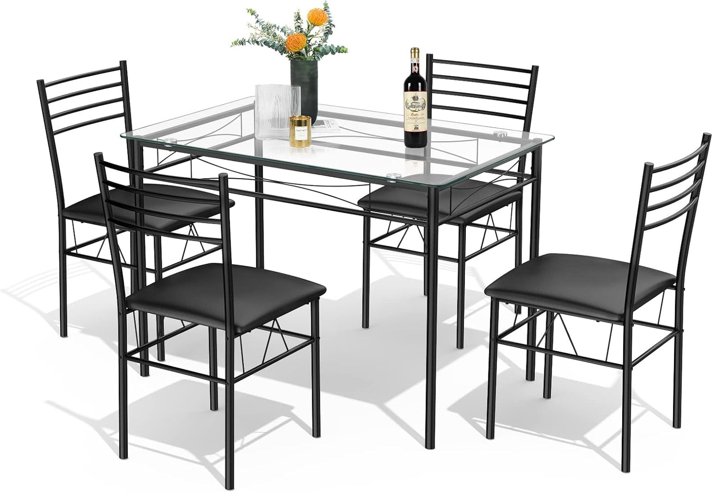 Dining Table with 4 Chairs, 5-Piece Dining Table Set, Dining Set with Padded Chair & Glass Table Top & Metal Frame, Modern Dining Room Set for Dining Room, Kitchen, Living Room