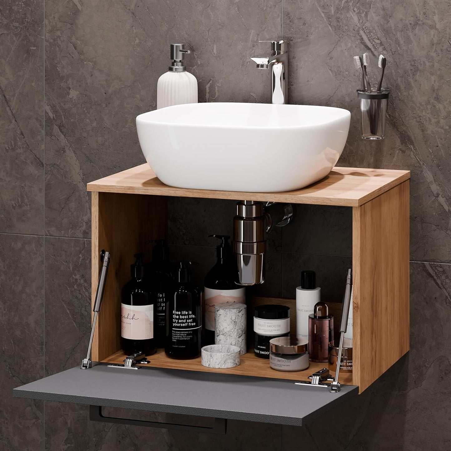 Planetmöbel Astra Bathroom Furniture Set with Wash Basin 60 cm with 1 x Midi Cabinet Gold Oak Anthracite, without Countertop Sink, Mirror (with LED) 50 cm