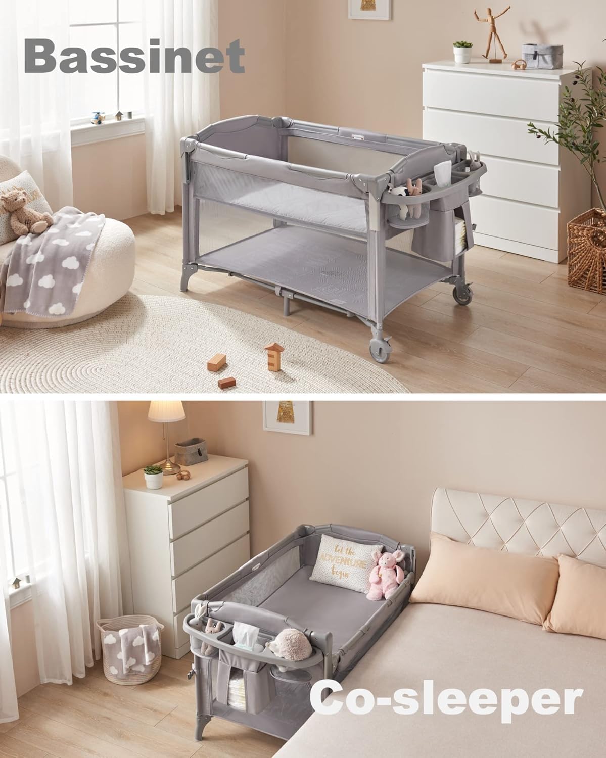 BEKA 4 in 1 Baby Bassinet Bedside Sleeper, Baby Bedside Crib 4 Functions, Bedside Bassinet Crib Sleeper, Playard, Changing Table, Baby Bassinet for Newborn Baby