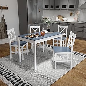 Esstisch mit 4 Stühlen, Essgruppe Esszimmergarnitur Massiv Holztisch Klassischer Stil für Esszimmer küche, 108 x 65 x 73 cm, Blau