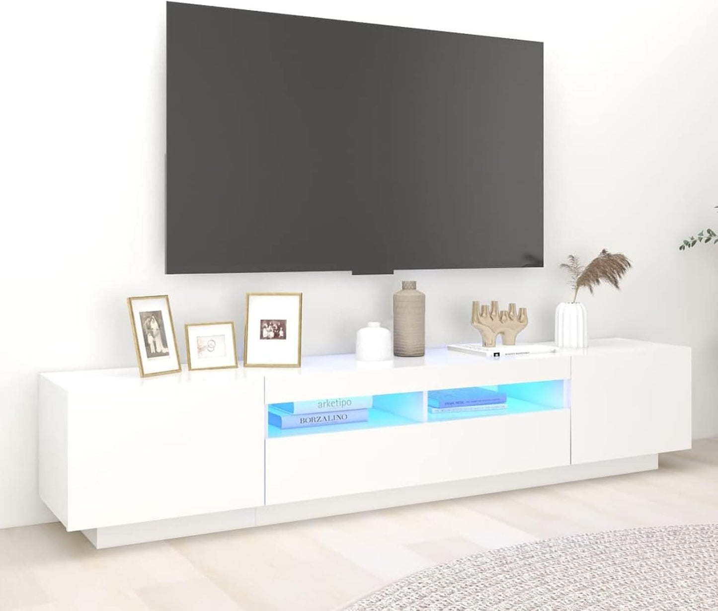 TV Cabinet with LED TV Cabinet, 200 cm Long, TV Lowboard, Wooden TV Table, Modern TV Table, TV Board, TV Cabinet for the Living Room, White, 200 x 35 x 40 cm