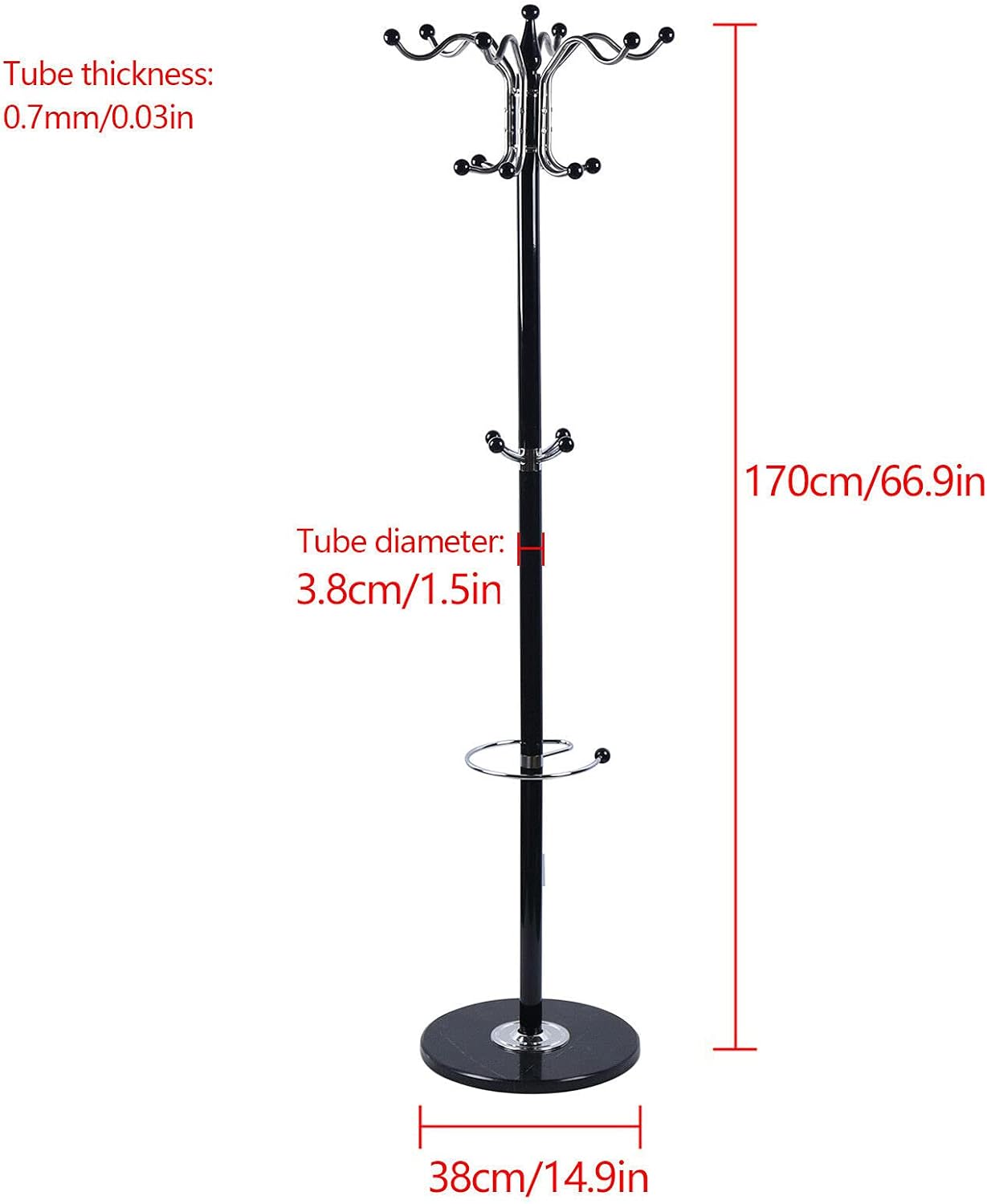 Coat Stand Tree Shape with 16 Hooks, Coat Rack for Jackets, Hats, Bags, Metal and Marble Hangers for Entryway, Hallway, Bedroom (Black)