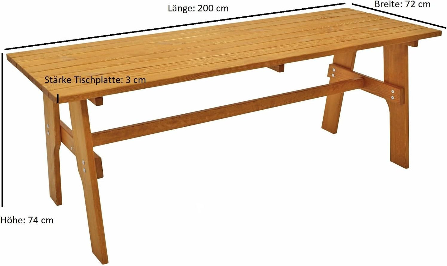 Freital Garden Table XXL 72 x 200 cm Rectangular Solid Pine Wood Light Varnished Stable Outdoor