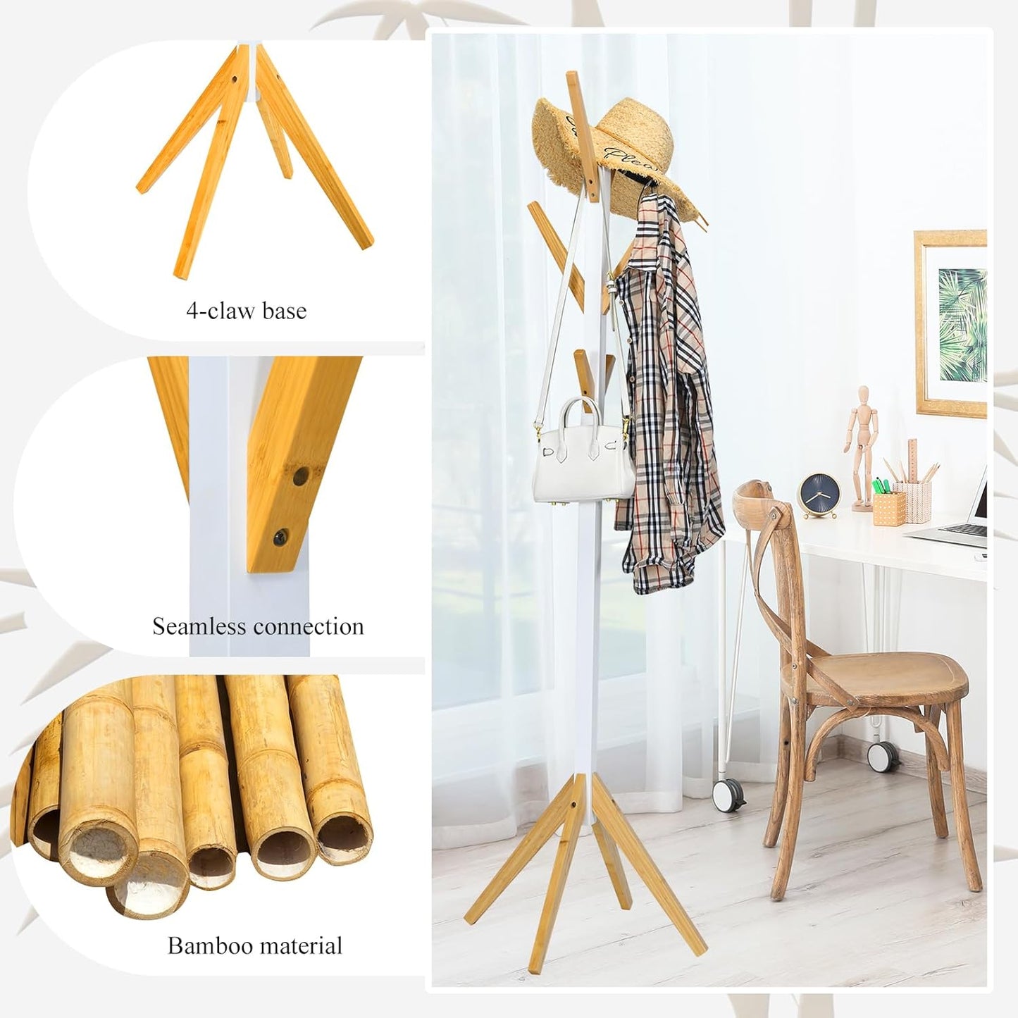 Bamboo Coat Rack with 6 Hooks Tree Each Hanger Can Hold 5kg Clothes Rack for Clothes, Jackets, Hats, Bags, 55 x 55 x 179 cm, White