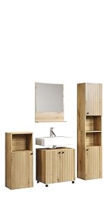 trendteam smart living - PureBliss 233710142 Tall Cupboard - Bathroom - Dimensions (W x H x D) 40 x 186 x 31 cm - Colour Evoke Oak with Black Grooves