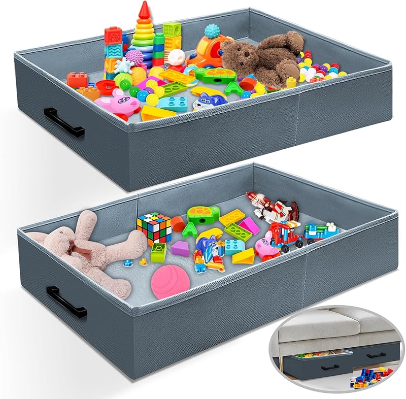 Under Couch Storage, 2 Pack Under Couch Storage Containers,Foldable Under Sofa Storage keeps things out,Under Couch Storage Box for Toys,Blocks,Puzzles,Plush Dolls,Books(23.62*15.75*5.51in)