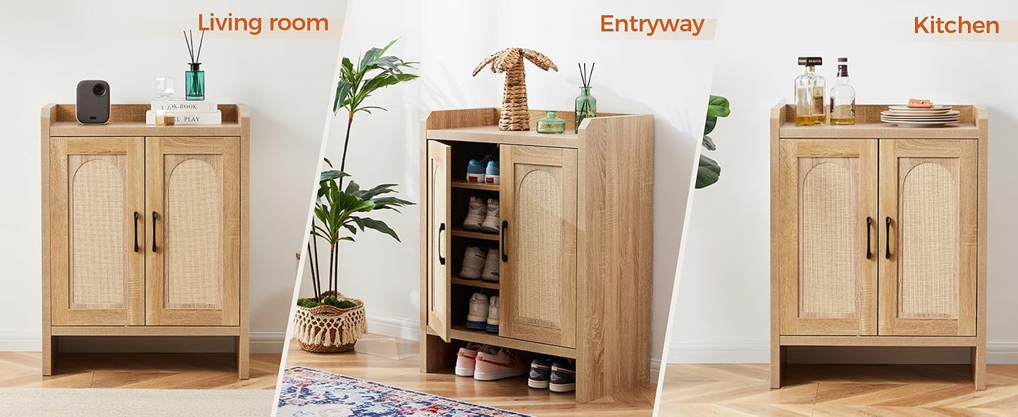 Shoe Cabinet Storage for Entryway, Natural Rattan Shoe Storage Cabinet, Wooden Shoe Rack Cabinet, Farmhouse Boho Wood Shoe Organizer Cabinet for Hallway