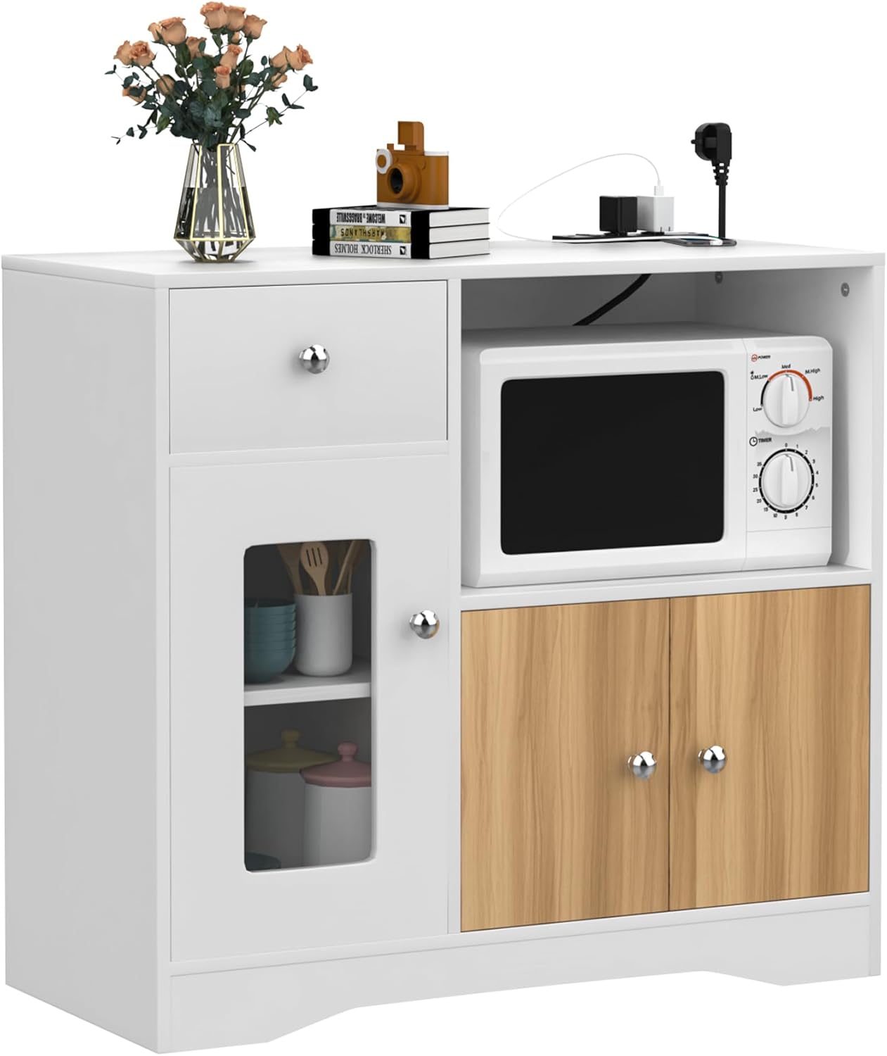 Sideboard Kitchen Cabinet with Socket, White Sideboard with 1 Drawer and 2 Cabinet Doors, Sideboard, Chest of Drawers and Sideboards for Entrance, Living Room, Bedroom, 83 x 40 x 80 cm,