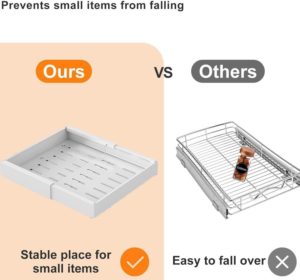 BOSKE 1 Pack Pull out Cabinet Organizer 16.5" Deep, Expandable (12.5"-20.5") Slide out Drawers for Kitchen Cabinets with Adhesive Nano Films, Upgraded 3 Slide Rails Roll Out Drawers (White)