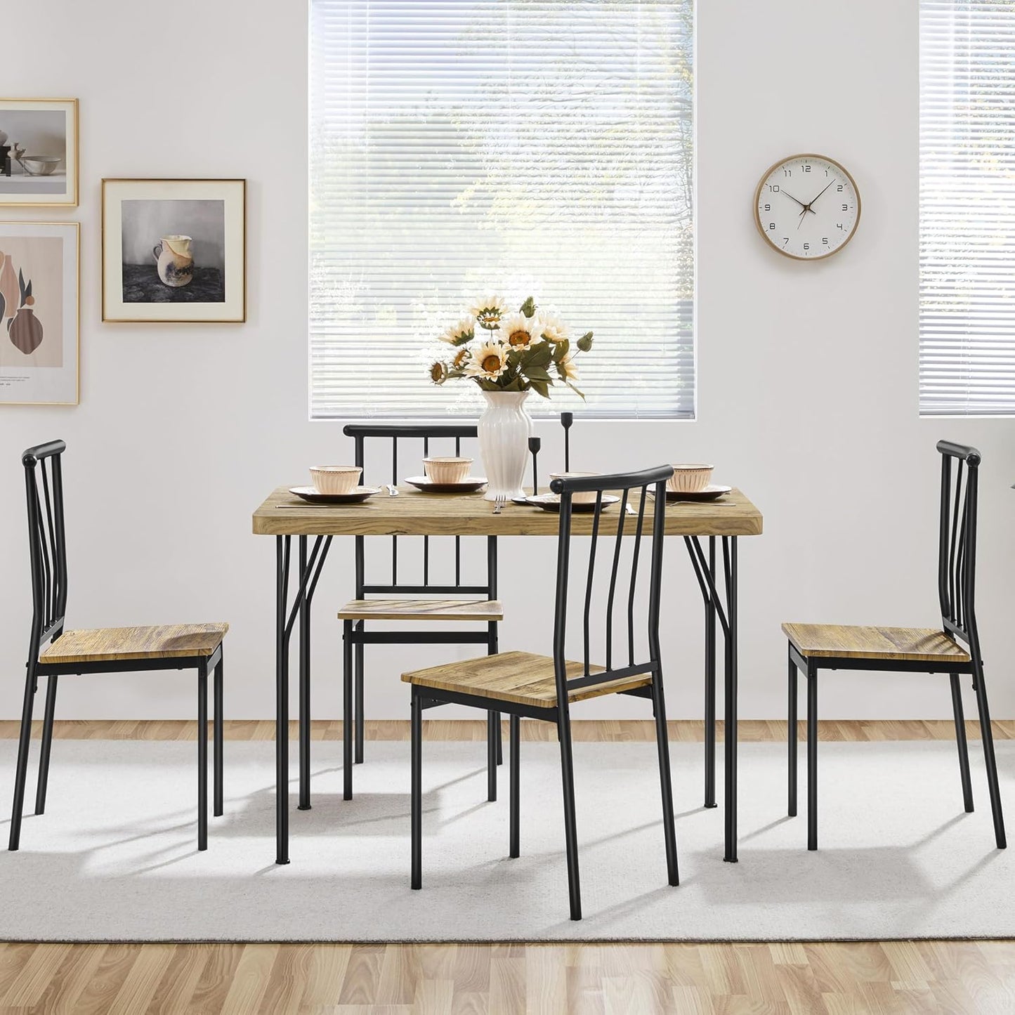 Dining Table with 4 Chairs, Rectangular Kitchen Table Set, Set of 5 for 4 People, Kitchen Table Set for Dining Room, Living Room, Patio, Brown