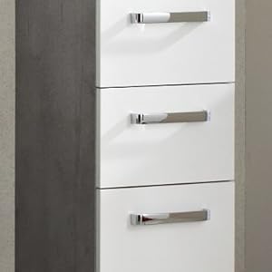 Bathroom Cabinet in White Gloss / Concrete Look, 30 cm Wide, Base Cabinet with 1 Door, 2 Drawers and 1 Shelf