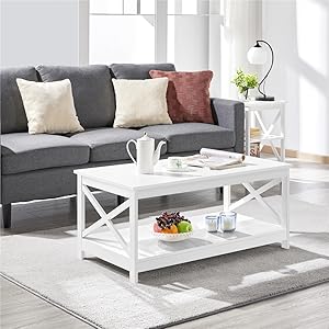 Coffee Table with 2 Shelves Sofa Table X-Shape Support Living Room Table Made of Wood Easy Assembly Modern Side Table for Living Room / Balcony / Office 100 x 50 x 45 cm White