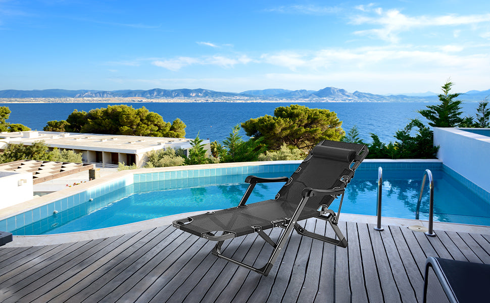 Folding Deck Chair, Sun Lounger, Weightless Chair, Garden Chair, Lounger, Lounger Sofa, Extra Wide, with Pearl Cotton Cushion and Cushion, Cup Holder, Maximum Load 200 kg, Black