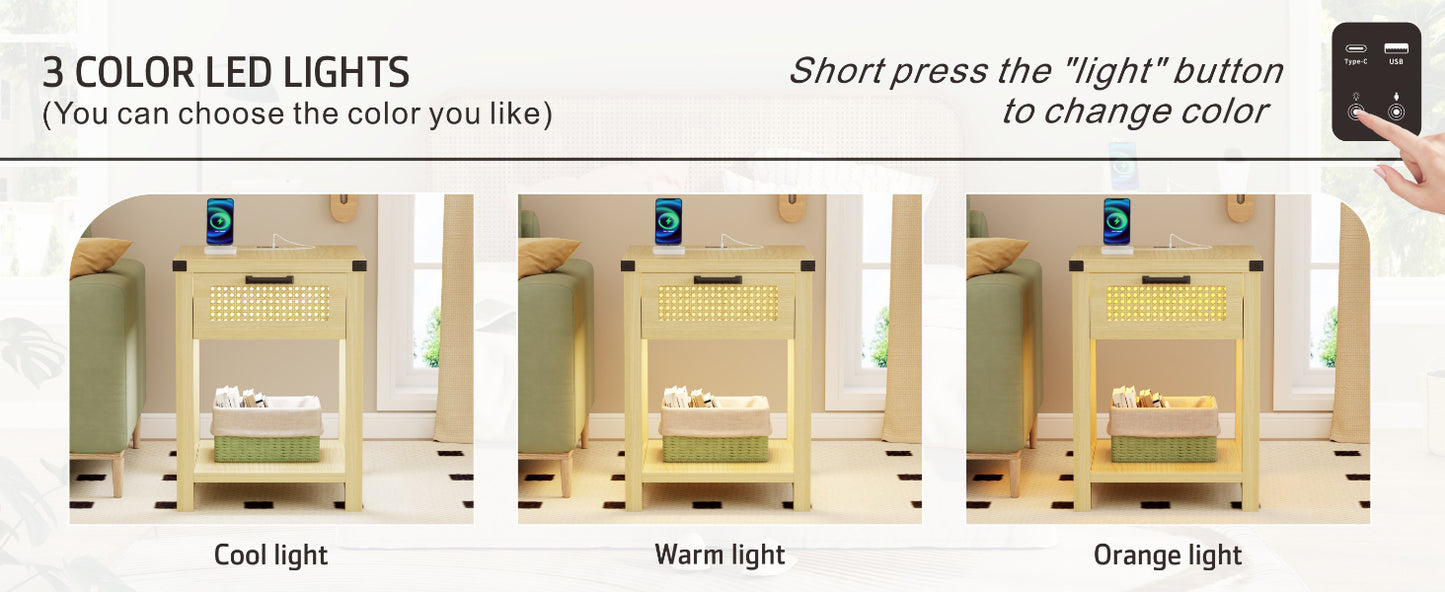 Beistelltisch mit Dreifarbiges LED Licht,Sofatisch mit USB Aufladung,Couchtisch Wohnzimmertisch mit Schubladen,Nachttisch für Wohnzimmer