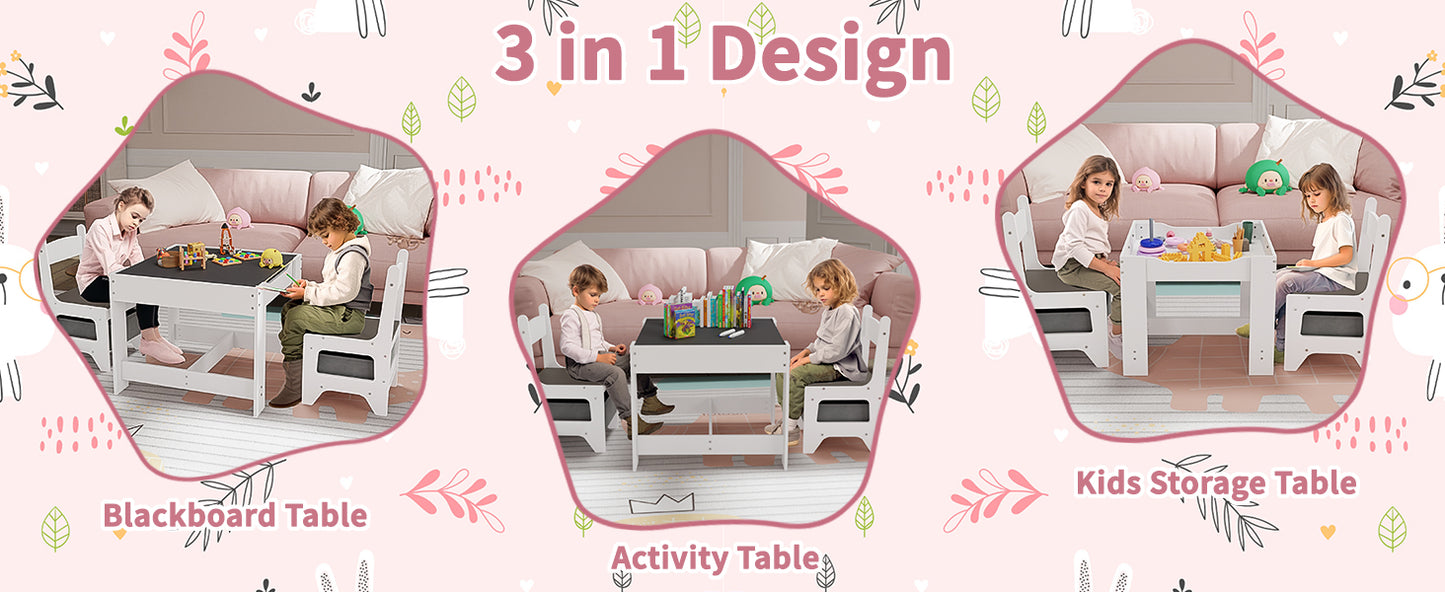 Kids Table and Chair Set, 3 in 1 Wooden Activity Table for Toddlers Arts, Crafts, Drawing, Reading, Playroom, Toddler w/ 2 in 1 Tabletop, Storage Space, Gift for Boy & Girl