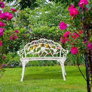 Garden Bench, 2 Seater, Roses, Patio, Balcony, Aluminium & Cast Iron, Antique Bench, 78 x 98 x 57 cm, White/Bronze