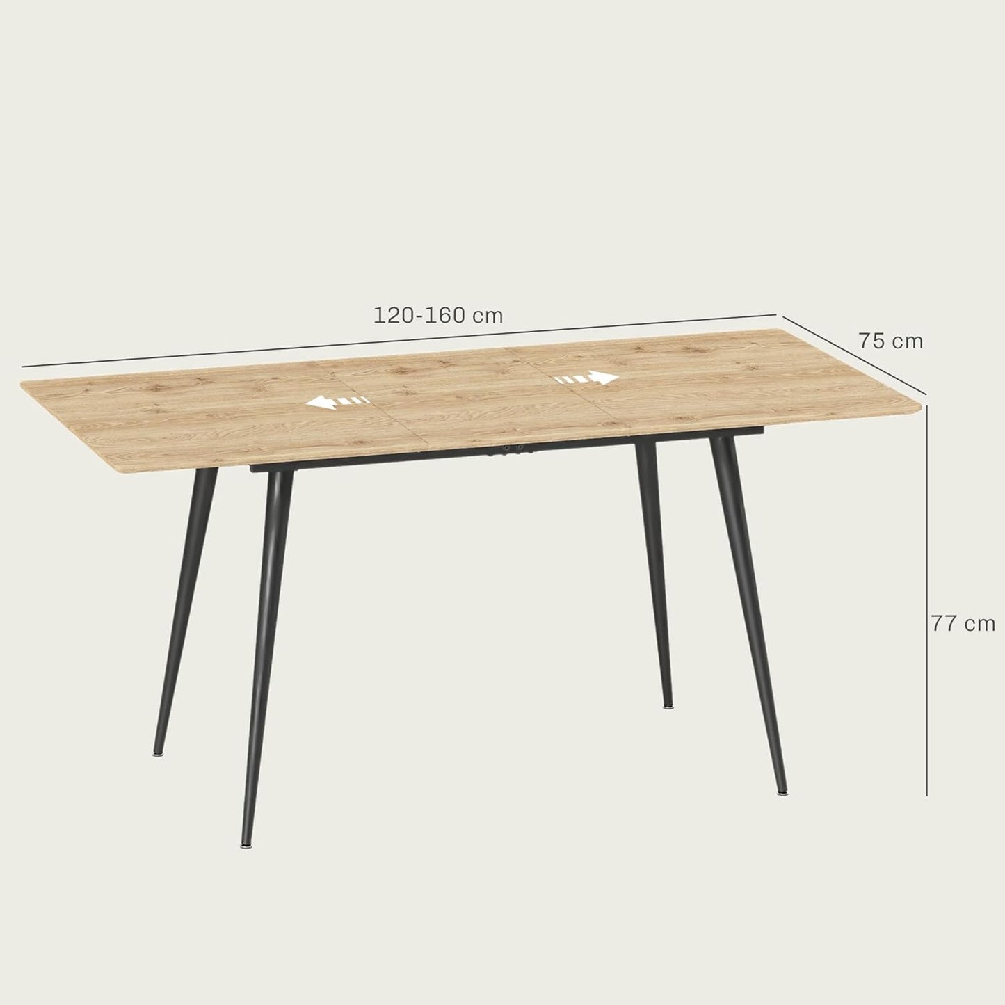 Esstisch ausziehbar 120/160 x 75 cm Küchentisch für 6-8 Personen, moderner Esszimmertisch mit Stahlbeine, Natur