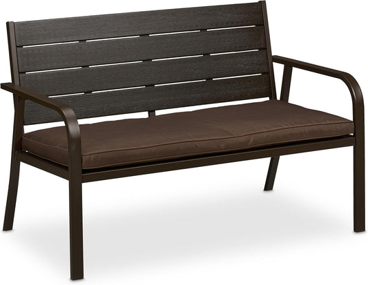 Garden Bench with Seat Cushion, Wood Look, HBT: 78 x 118 x 66 cm, 2-Seater, Sturdy Balcony Bench, Brown