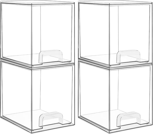 Vtopmart 4 Pack Clear Stackable Storage Drawers,7.6" H Plastic Organizers Bins for Skincare, Bathroom Supplies,Ideal for Cabinet,Undersink,Vanity,Kitchen,Pantry Organization