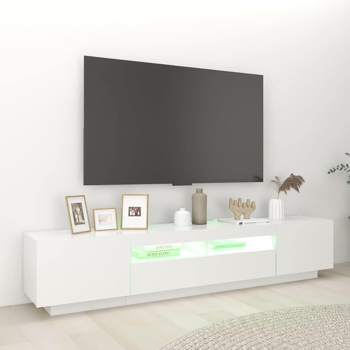 TV Cabinet with LED TV Cabinet, 200 cm Long, TV Lowboard, Wooden TV Table, Modern TV Table, TV Board, TV Cabinet for the Living Room, White, 200 x 35 x 40 cm