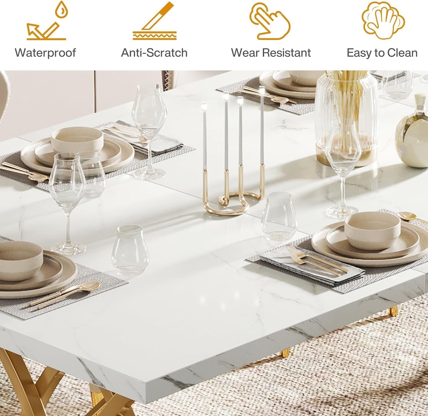 Moderner Esstisch für 6 Personen, Tisch Wohnzimmer, 160 x 80 x 75 cm, Rechteckig, Küchentisch, Esstisch für Esszimmer und Küche, Wohnzimmer, Moderner-Design, Weiß und Gold