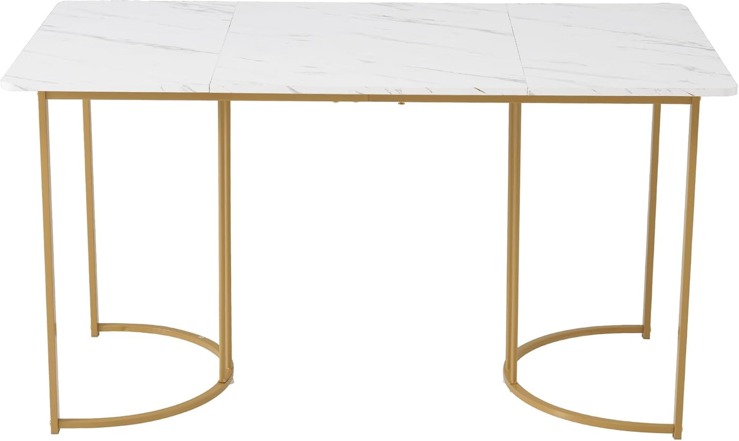 Dining Table 140 x 80 cm, Modern Kitchen Table with Metal Frame, Rectangular Marble Pattern Kitchen Table with Adjustable Feet for Dining Room and Living Room, White/Gold