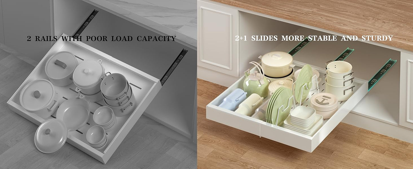 2 Pack Pull out Cabinet Organizer 21"Deep, Expandable Slide out Drawers for Kitchen Cabinets with 4pcs Divider Racks, Peel and Stick Pull out Drawers, Cabinet Roll out Shelves 12.4"-20.5" W (White)