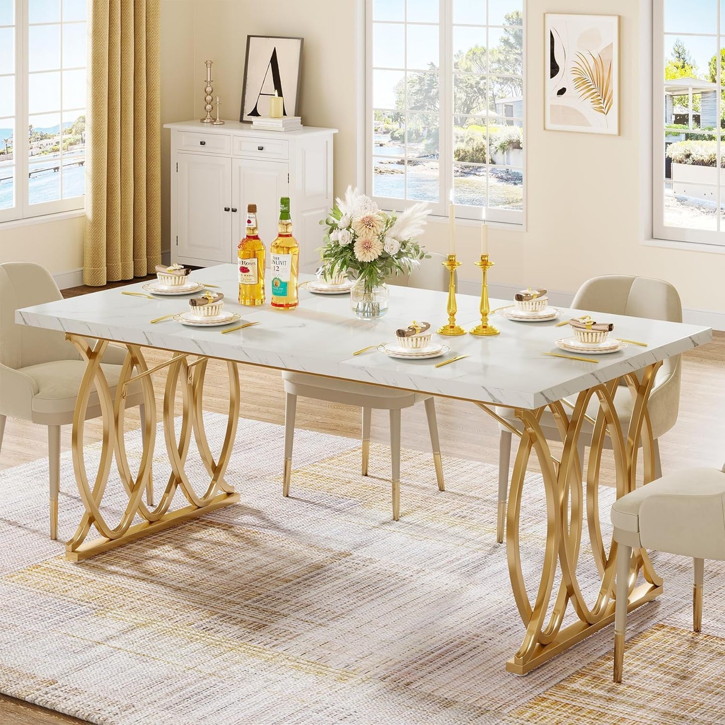 Moderner Esstisch für 6 Personen, Tisch Wohnzimmer, 160 x 80 x 75 cm, Rechteckig, Küchentisch, Esstisch für Esszimmer und Küche, Wohnzimmer, Moderner-Design, Weiß und Gold