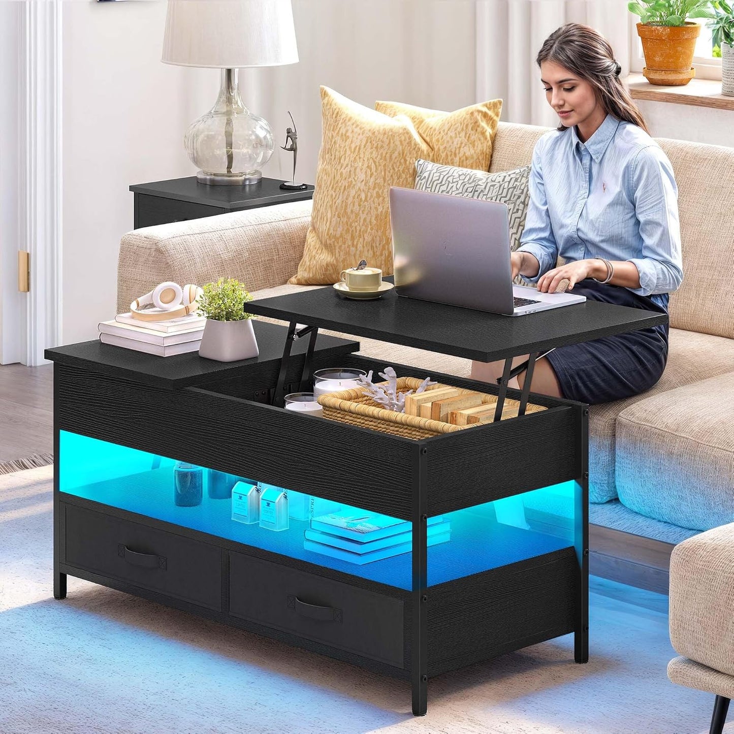 Coffee Table Height Adjustable, Living Room Table with Hidden Storage Compartment for Living Room, Office, Coffee Table with Storage Space and 2 Drawers and LED Light Bar, 106 x 50 x 51.5 cm