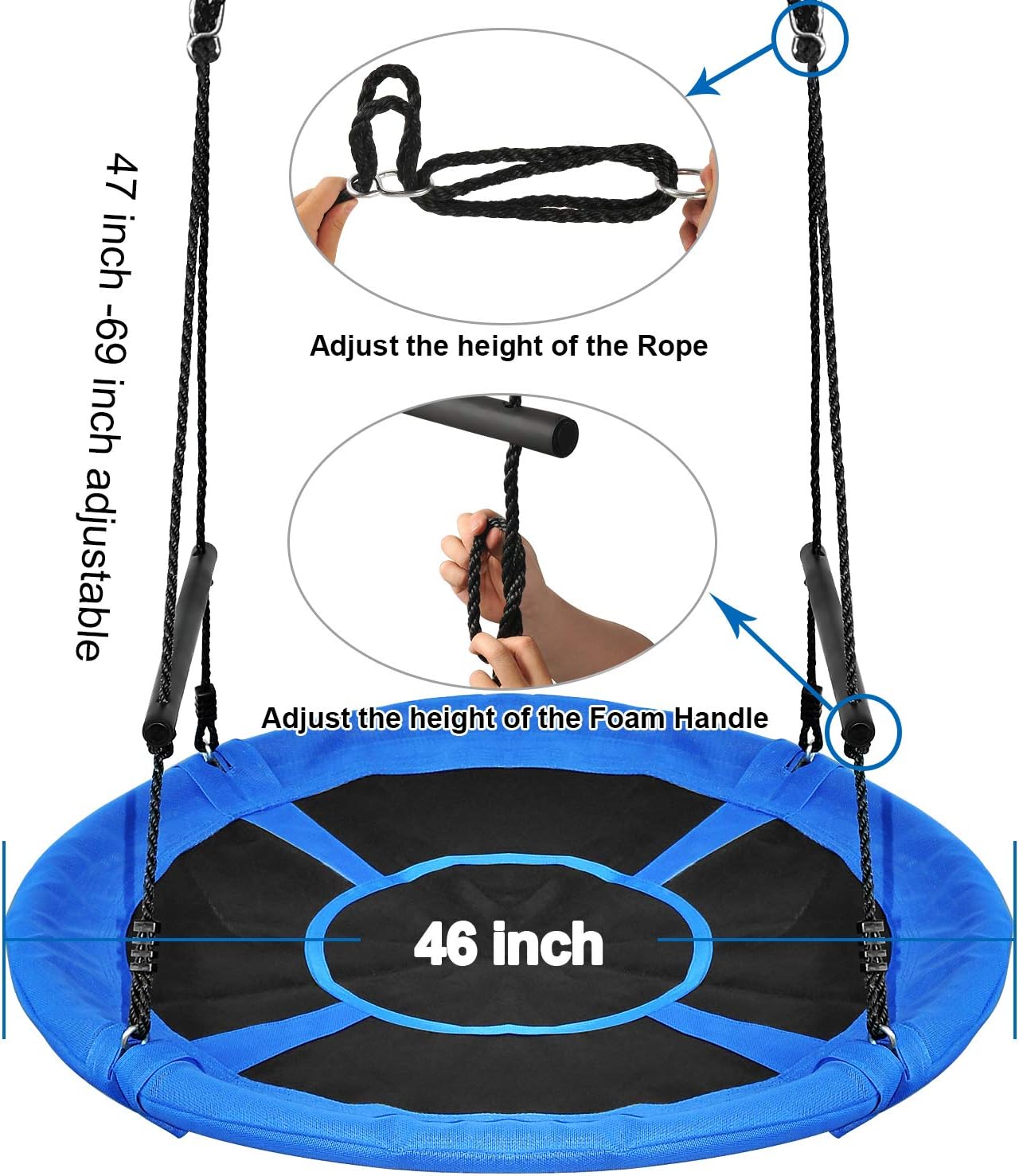 Saucer Tree Swing 46 Inch, 800 lb Weight Capacity Outdoor Swing with Tree Strap, Textliene Fabric Waterproof Steel Frame and Carabiner for Playground and Backyard, New Year Day Gifts (Blue)