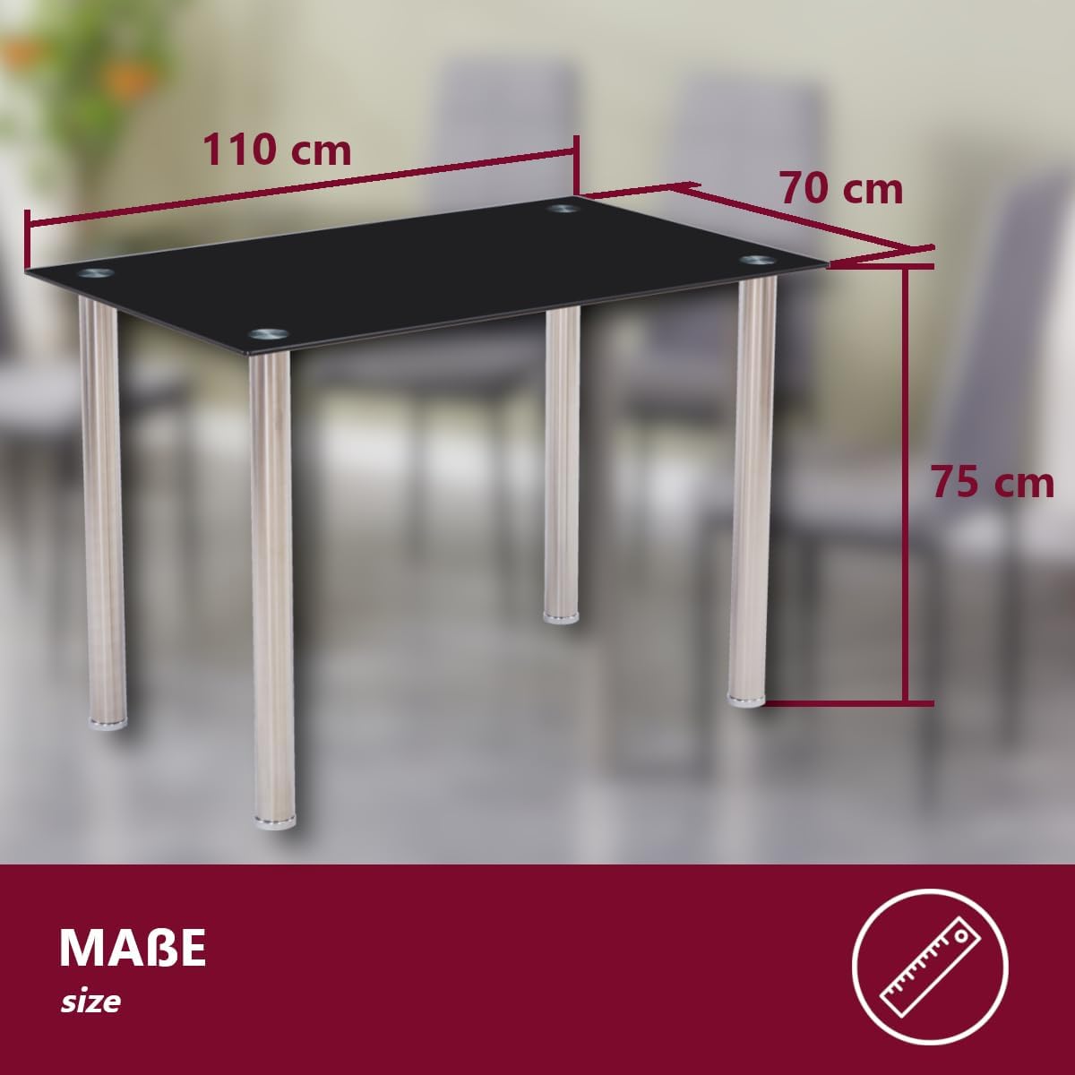 HOOZ Glass Dining Table, Black, High-Quality Living Room Table with 6 mm Safety Glass and Facet Cut, Glass Table, Perfect as Dining Room Table and Kitchen Table (110 x 70 x 75 cm)