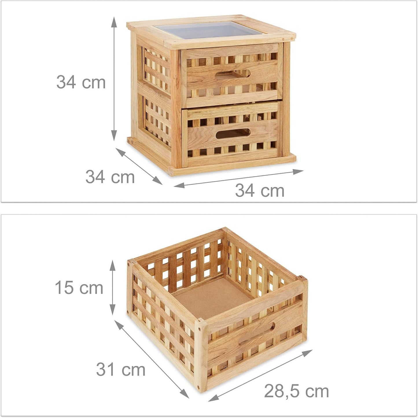 Beistelltisch Walnuss, quadratischer Nachtschrank aus Naturholz mit 2 Schubladen, HBT: 34 x 34 x 34 cm, natur