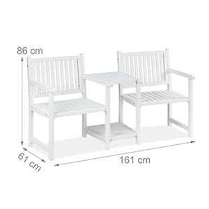 Garden Bench with Integrated Table, 2-Seater, Robust Wooden Bench, HBT: 86 x 161 x 61 cm, Garden and Balcony, White