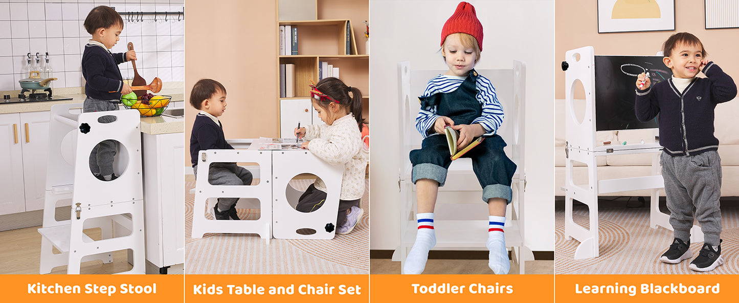 White Toddler Tower Step Stool for Kids Kitchen Stool Helper Toddler Standing Tower Foldable Toddler Table Kids Table and Chair Set 4 in 1 Montessori Helper Tower