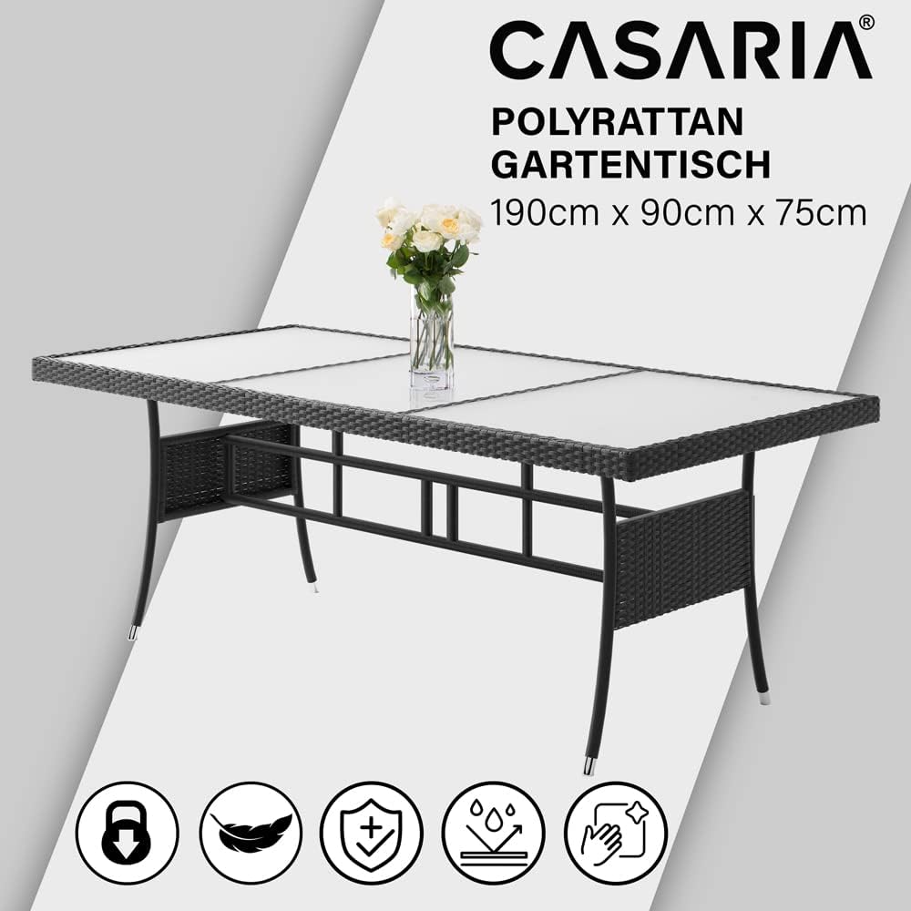 Garden Table 190 x 90 x 75 cm with Milk Glass Top Weatherproof Height Adjustable UV-Resistant Garden Patio Indoor Furniture Dining Table Black