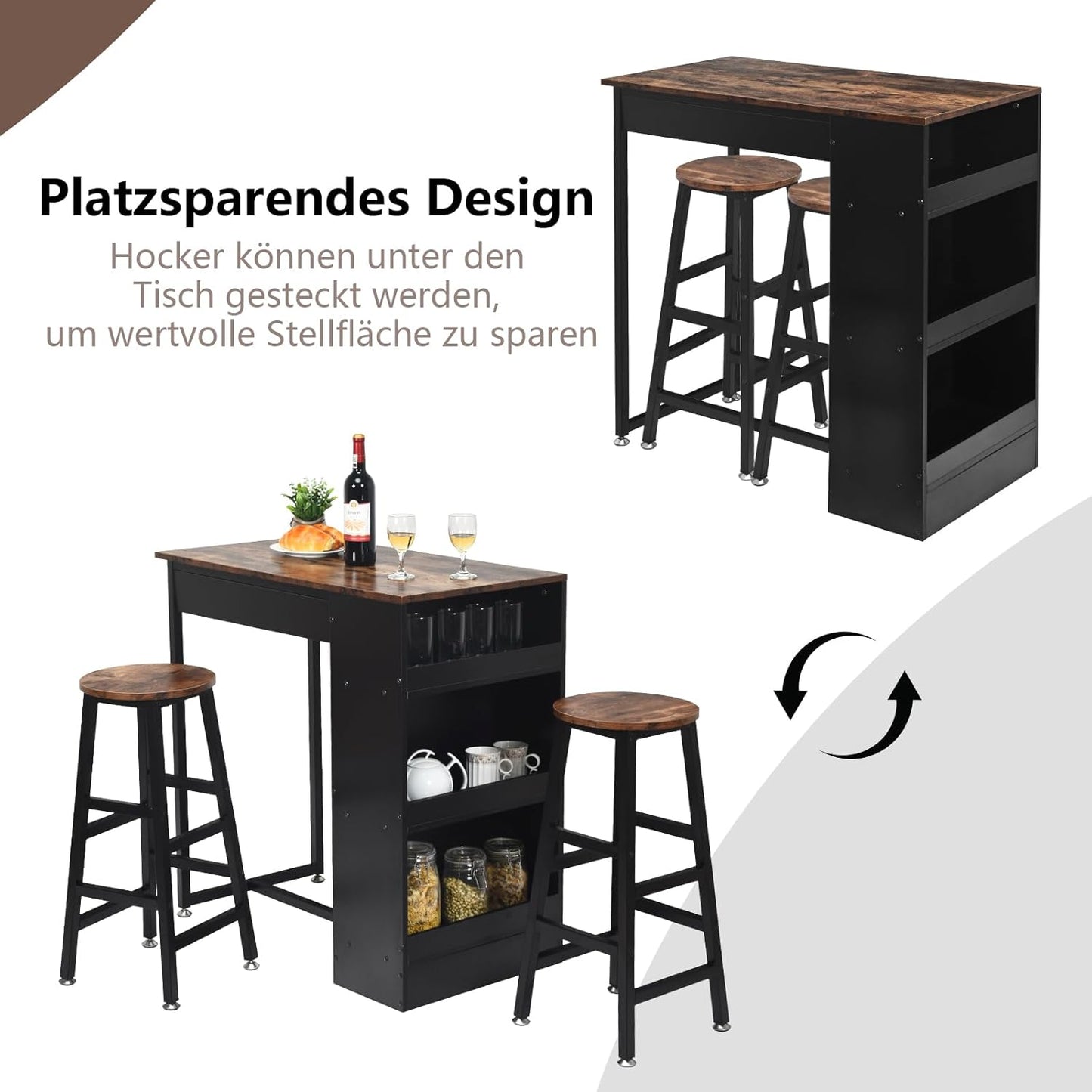 Bar Table Set 3-Piece Counter Table with 2 Bar Stools & 3 Shelves, Dining Table & Stool with Metal Frame, Dining Set for 2 People, Industrial Design, Vintage Brown + Black