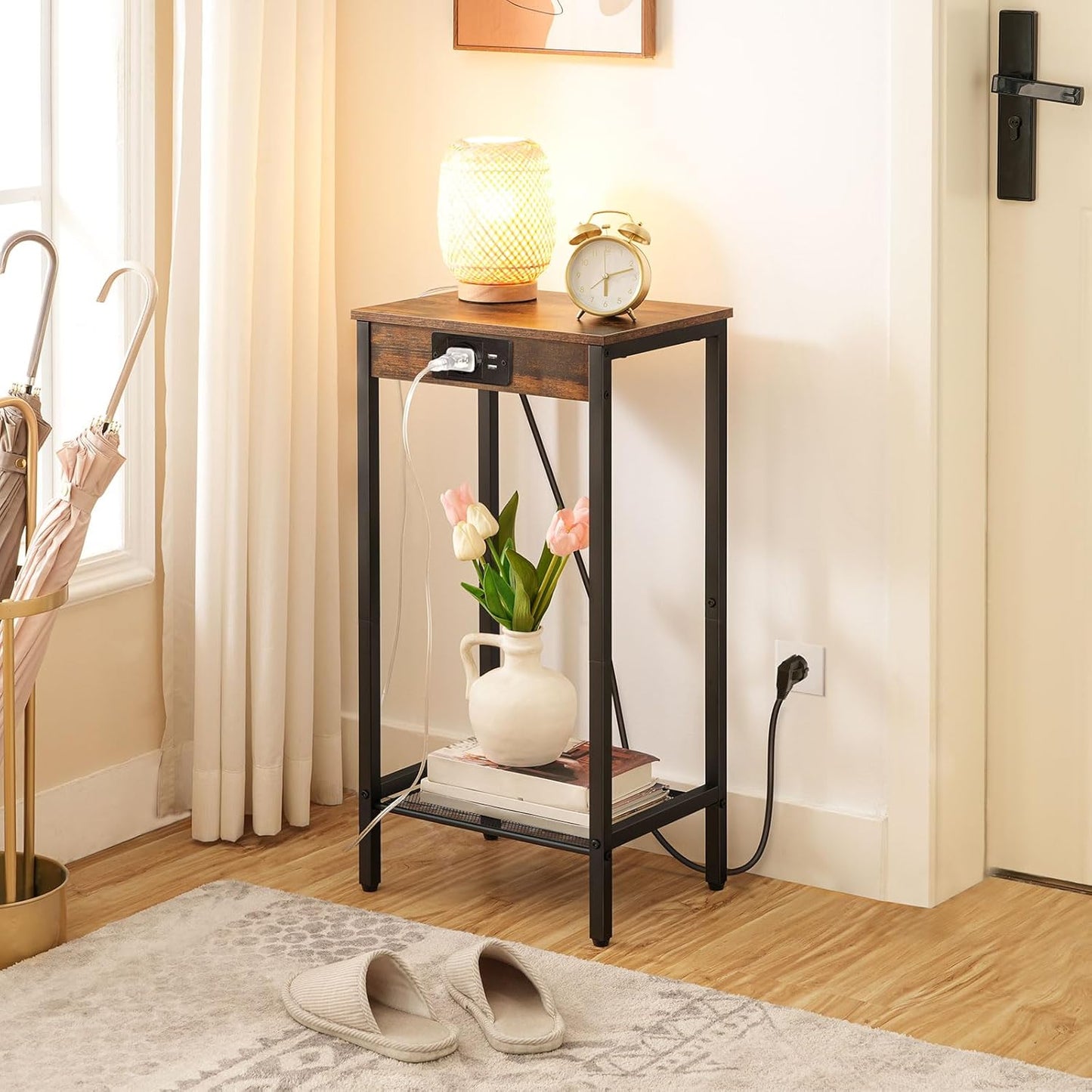 Side Table with Charging Station, Telephone Table High with Mesh Shelf, Narrow Bedside Table with Socket for Living Room, Bedroom, Vintage Brown and Black