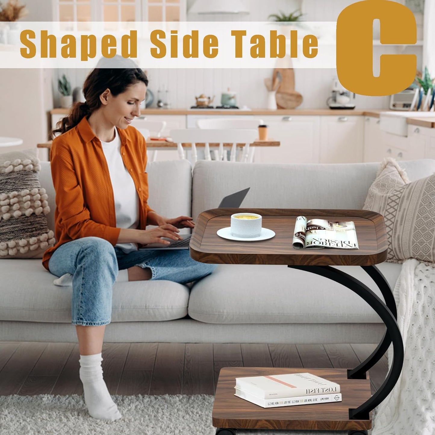 Side Table C Shape Side Table Couch with Wheels Small Coffee Table Wood with Metal Frame Industrial Design 52 x 34 x 60 cm Side Tables for Living Room for Coffee and Laptop