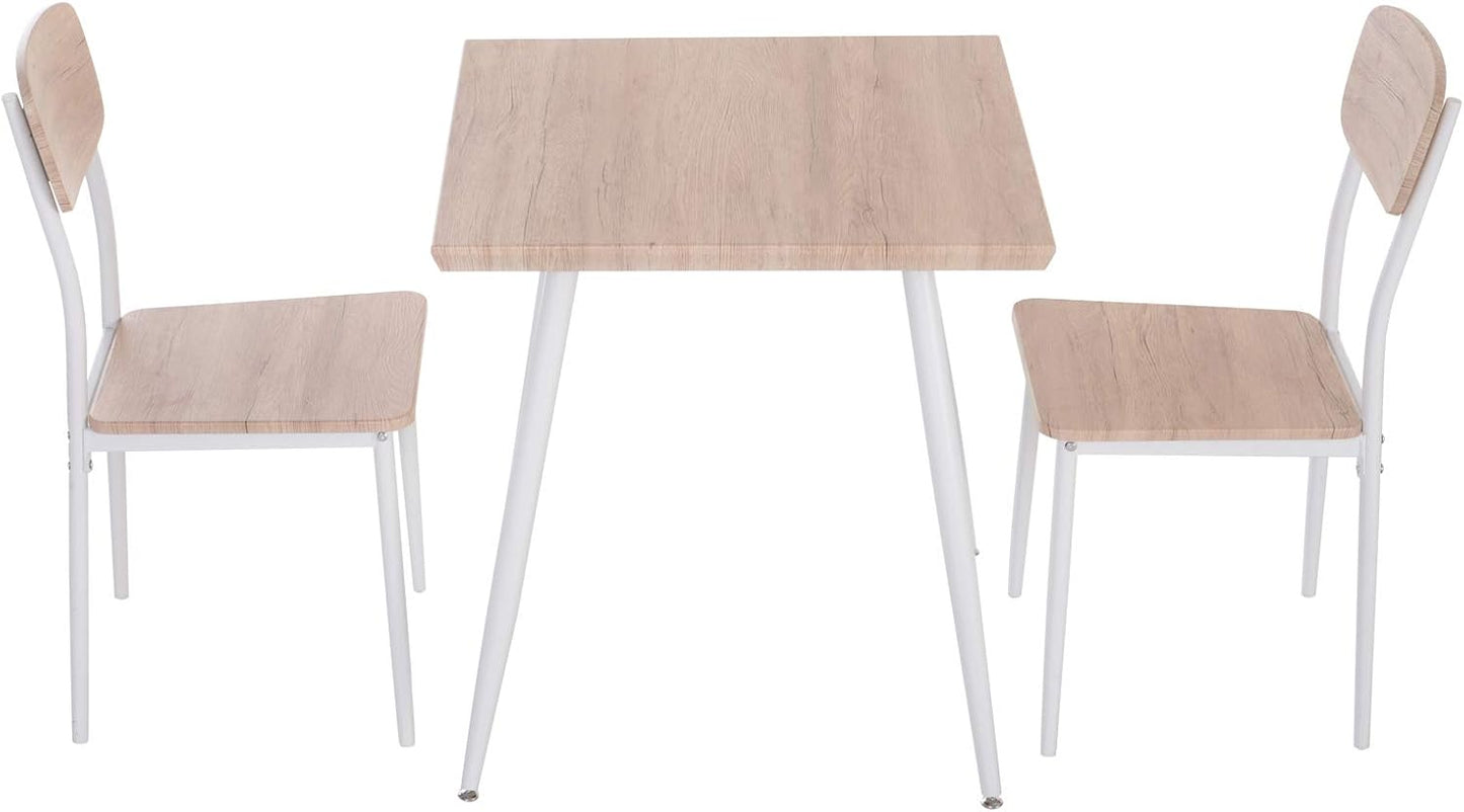 3-piece dining set: MDF wood table with metal; natural wood grain; white; 1 Table and 2 chairs.