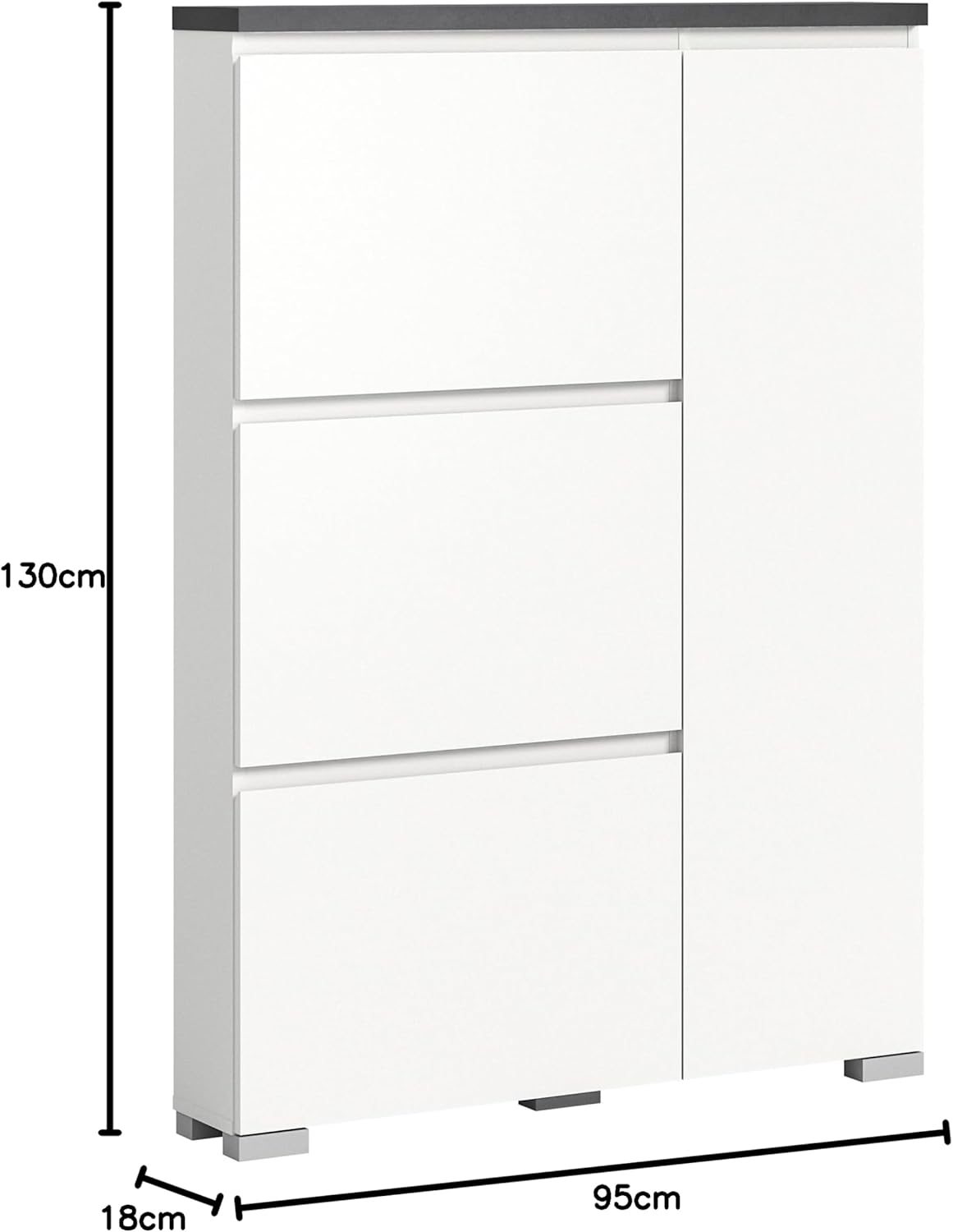 Shoe Cabinet Chest of Drawers in Body and Front White Nb. Top Shelf in Industrial Grey Approx. 95 x 133 x 18 cm