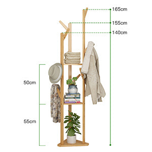 Coat Rack Clothes Rack Freestanding Coat Rack 8 Hooks with 2 Shelves for Clothes Hat Bags (Wood Color)