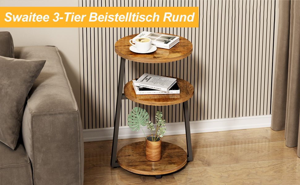 Round Side Table, 3-Tier Shelves, Wooden Side Table with Metal Frame, Small Table, Living Room for Living Room, Bedroom