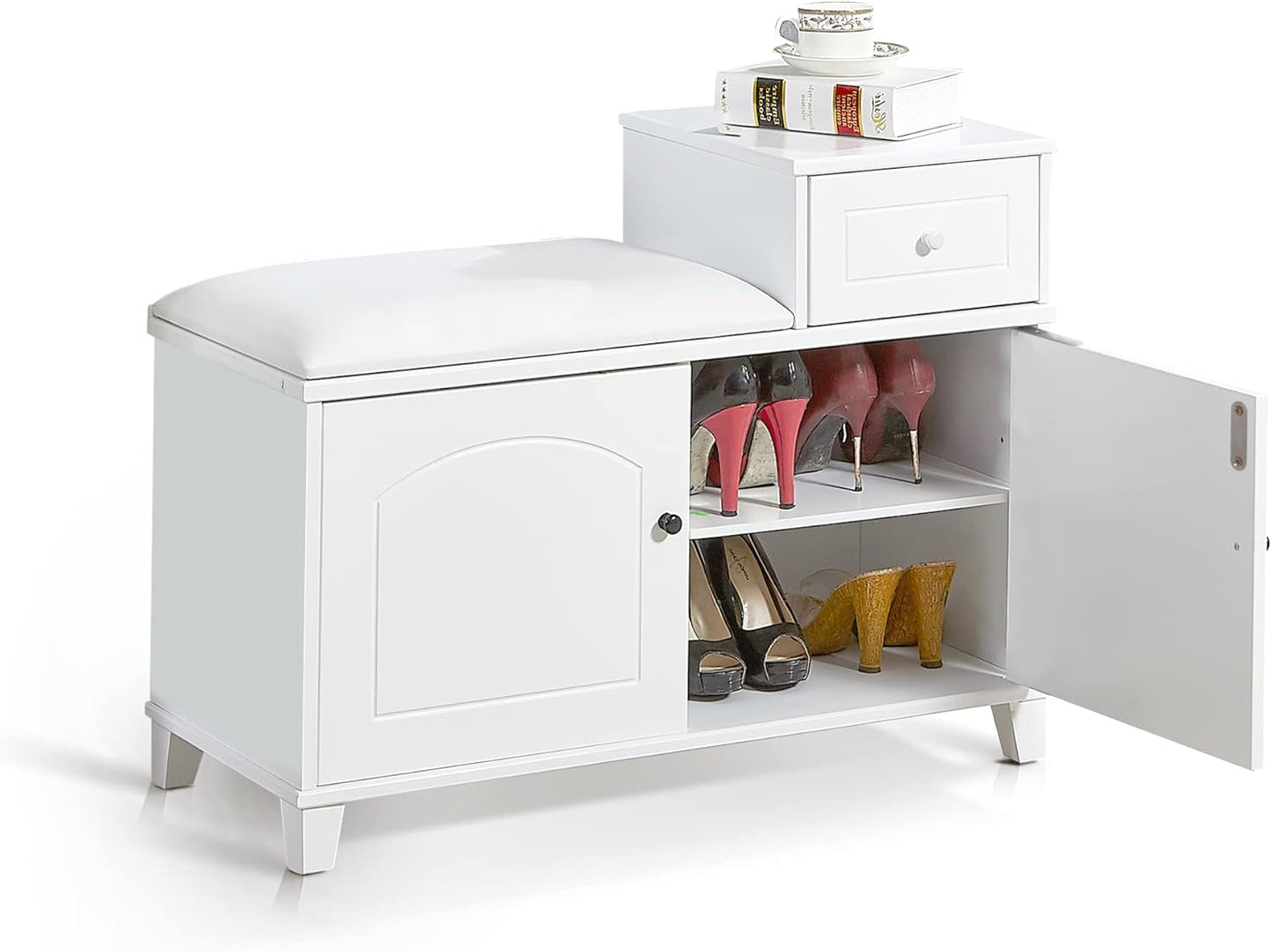 Organizedlife Shoe Bench, Shoe Cabinet Seat Bench with Seat Cushion, Padded, Shoe Rack with Storage Space, Removable Storage Compartments, Drawer, Shoe Rack Furniture, 80 x 36 x 60 cm, White