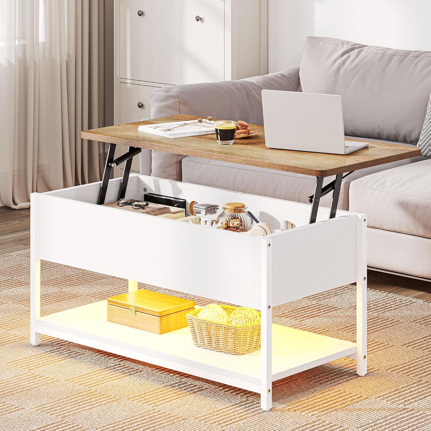 Coffee Table with Height-Adjustable Top, Extendable, Hidden Storage Space, Living Room Table, Side Table for Living Room, Office, with Power Strip and LED Light Strip